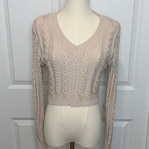 🧶 Cropped Nude Knit Cable Sweater Top Small